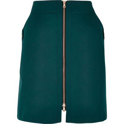 Dark green zip front mini skirt
